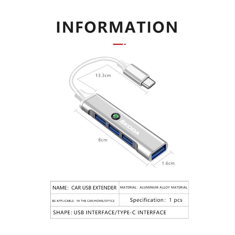 4 Ports USB 3.0 HUB TYPE-C Multi High Data Transmission Car Adapter for Skoda Fabia Kodiaq Kamiq Superb Yeti Octavia Enyaq Rapid Karoq Derivati