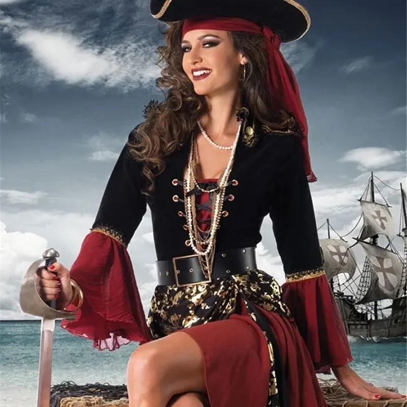 Vintage Medieval Sexy Caribbean Pirates Captain Costume for Female Halloween Cosplay Suit Woman Gothic Role Playing Fancy Dress