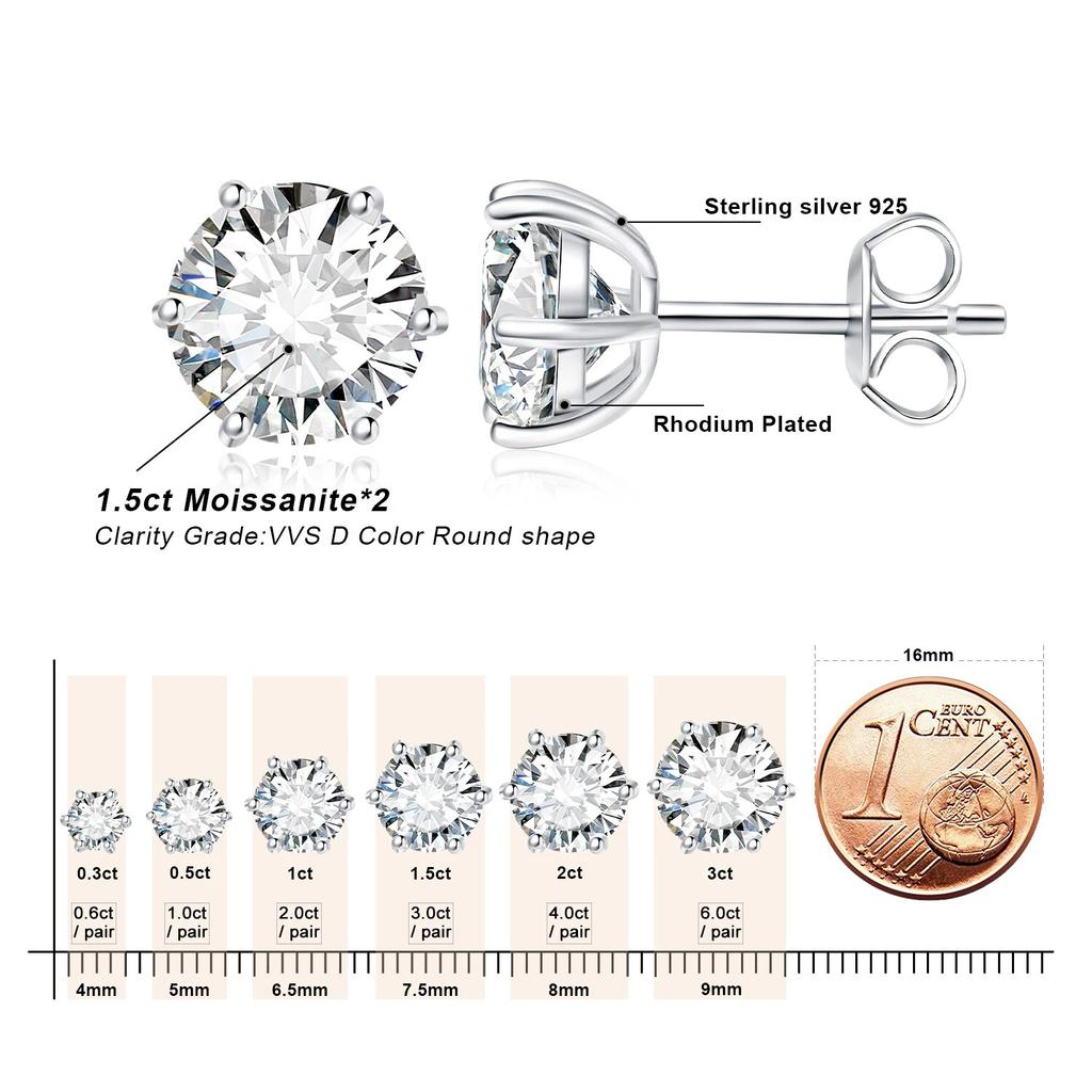 JewelryPalace Mozanit D Renk Toplam 0.6ct 1ct 2ct 3ct 4ct 6ct S925 Gümüş Saplama Küpe Kadın için