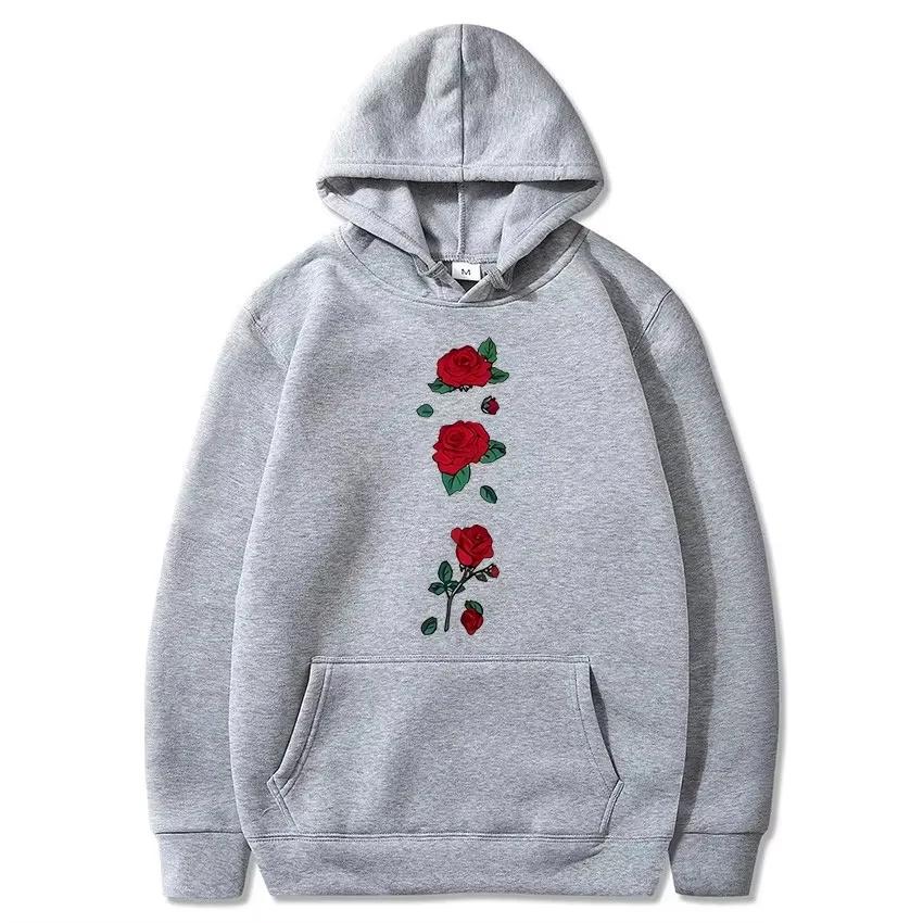Fashion Trend Leisure5 Rose Flower Print Men's Pullover Autumn and Winter Loose Streetwear Outdoor Sports Sweatshirt