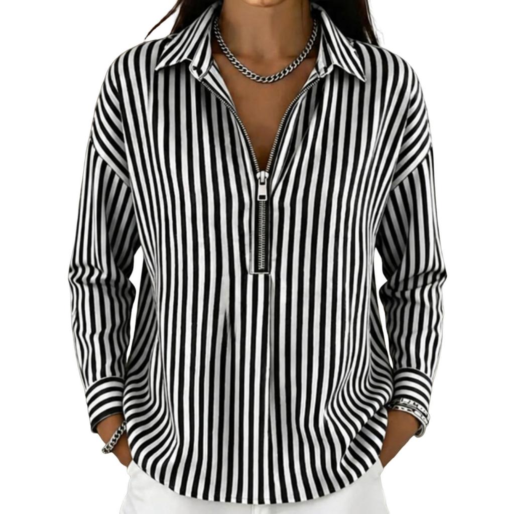Women's Casual Loose Fit Long Sleeve Shirt Half Zip Front Striped Pattern Collared Blouse Lightweight Top for Everyday Wear