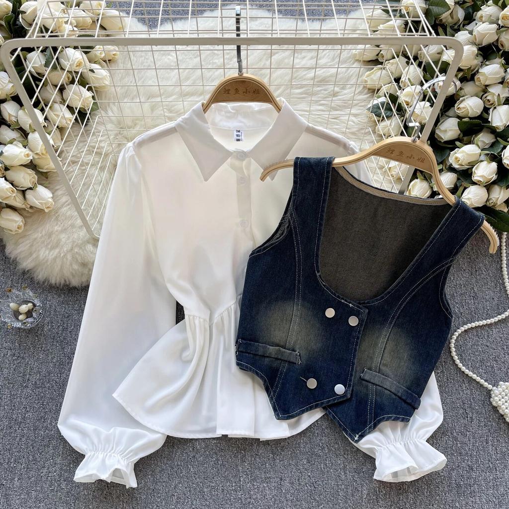 Colete Jeans Retro Chic de Hong Kong Colete Moda Empilhada Versátil Camisas de Manga Curta Bufante Conjunto de Duas Peças Top