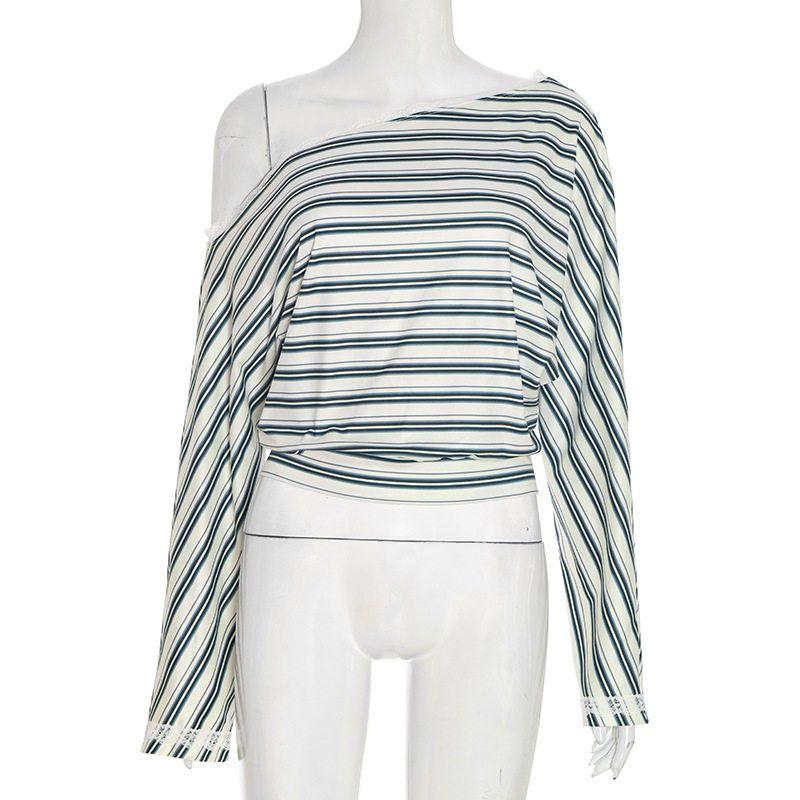 Off Shoulder Striped Lace Cinched Top Green S