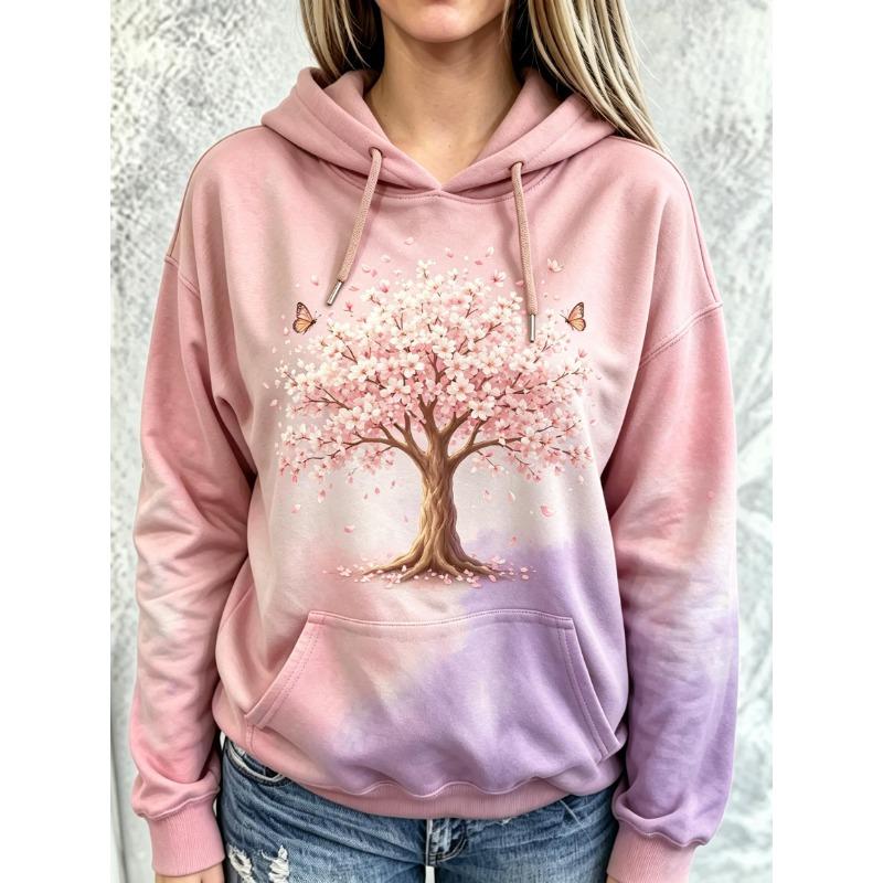 Women Fleece Hoodie Autumn Tree Butterfly Tie‑Dye Print Long Sleeve Drawstring Pocket Loose Hooded Sweatshirt