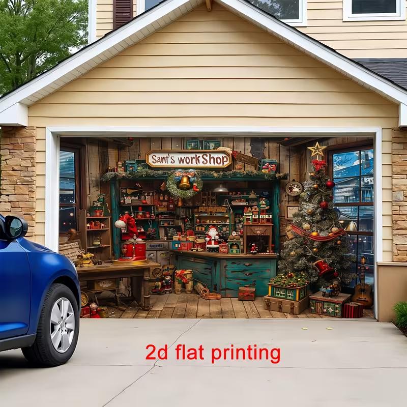 2D Kids Christmas Party Backdrop Cloth Santa's Workshop Themed Wall Hanging