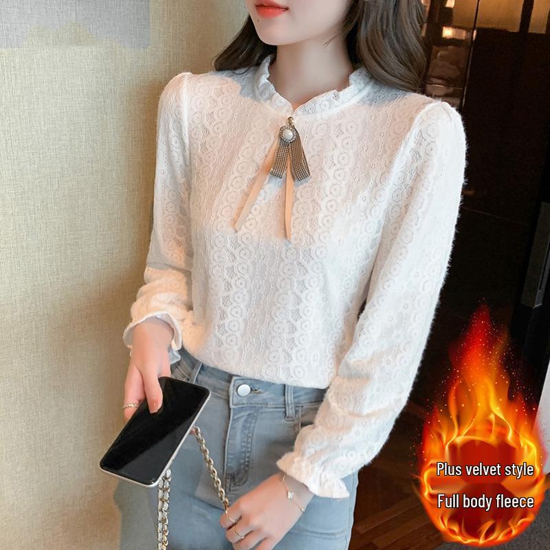 Women's Autumn/Winter Lace Half-High Neck Shirt with Velvet - 2023 Trendy Innerwear Fashion Top