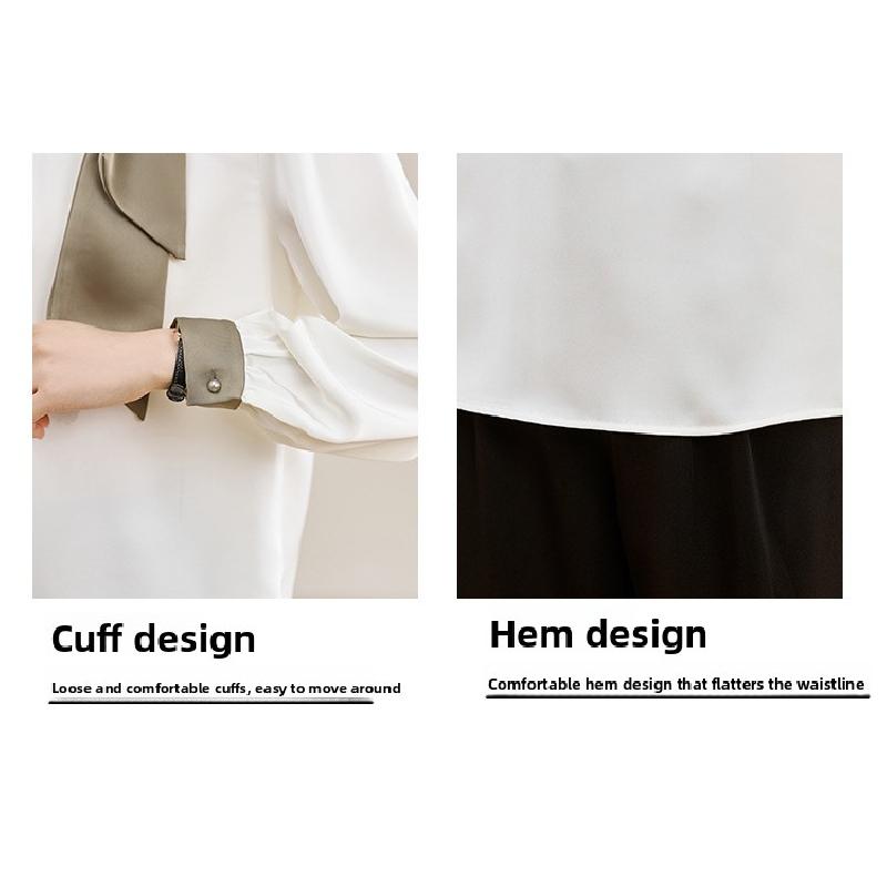 Gentle Collar Bow Tie Shirt for Women, 2026 Spring and Autumn New Style, Color Block Ribbon Design Satin Top