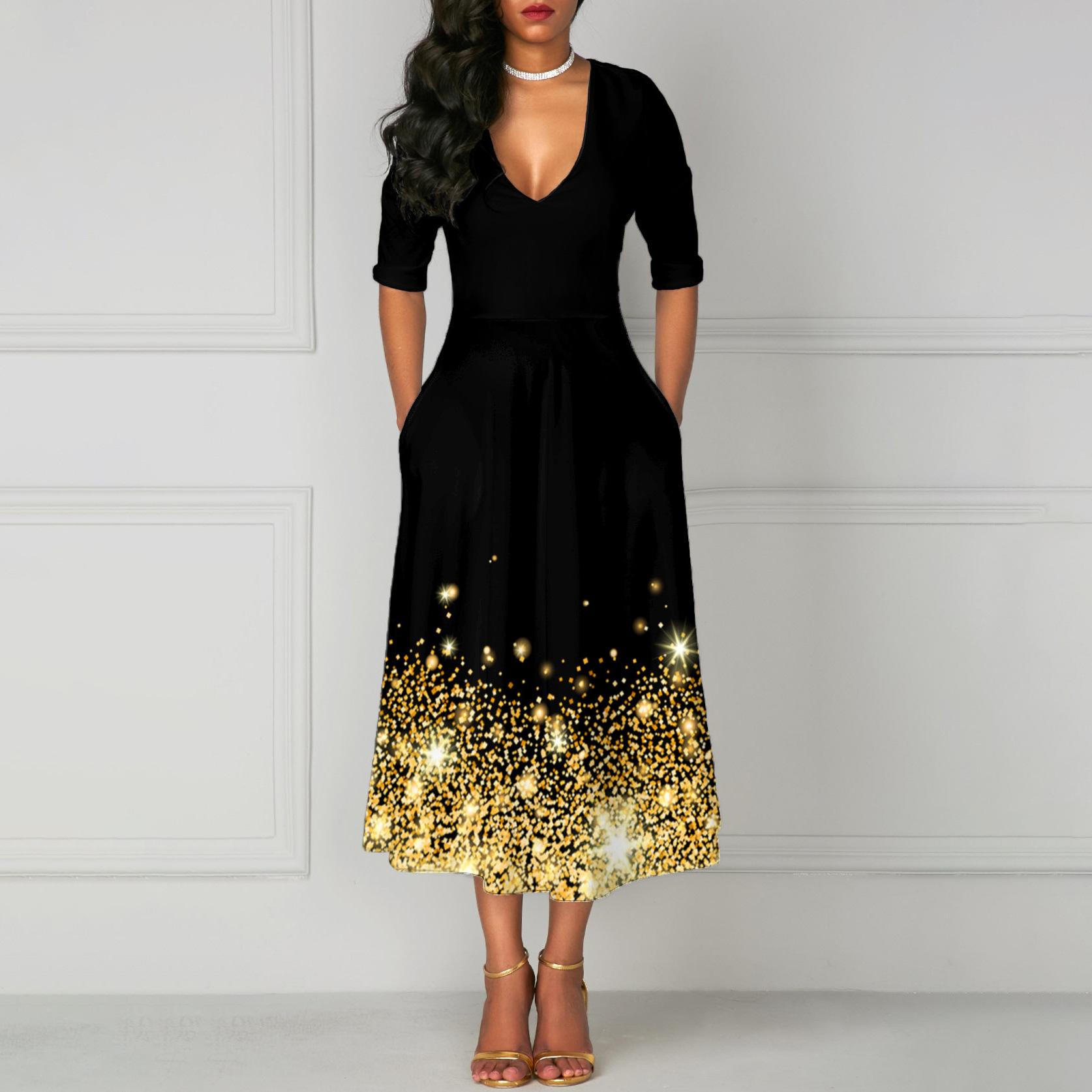 

HNXC Женские Модные Летние Весенние Платья с рукавом 2/1 и V-образным вырезом S золотой