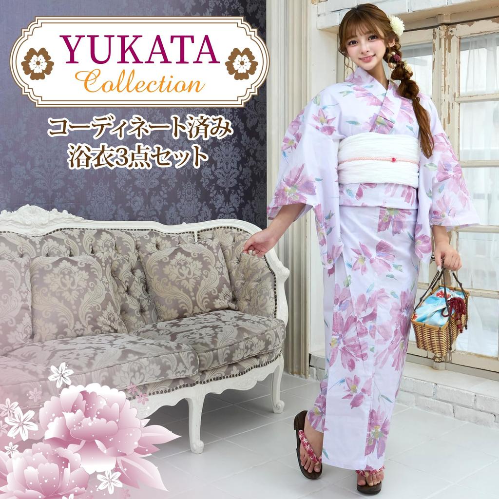 RAVIR Yukata Pale Purple with Large Pink Floral Fluffy Obi and Geta Free Size Women's 3-Piece Set, Pattern, Belt, Sandals, (Pink)