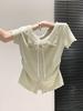 Pure lace lace-up short-sleeved t-shirt women's summer new fake two-piece slim-fitting and thin versatile top