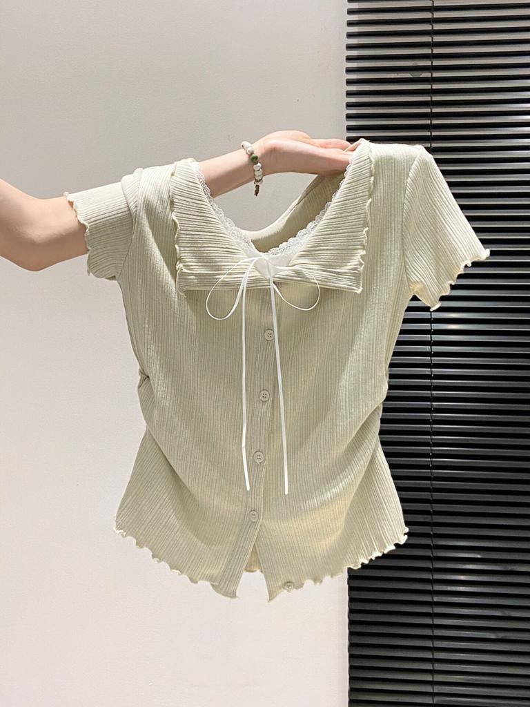 Pure lace lace-up short-sleeved t-shirt women's summer new fake two-piece slim-fitting and thin versatile top