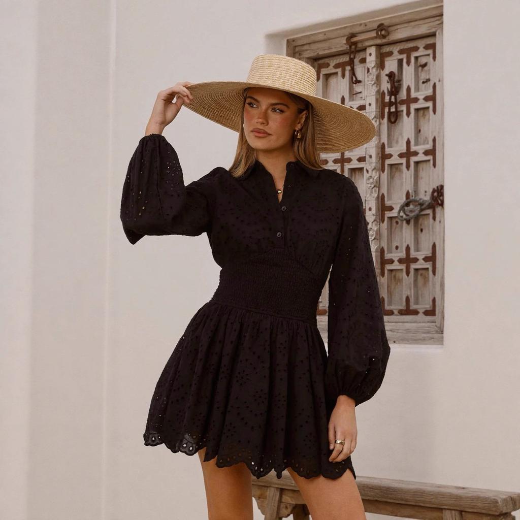 Women's V Neck Long Sleeve Solid Mini Dress Elastic Waist Slim Streetwear A Line Dress