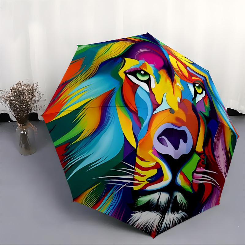1pc Colorful Lion Face Automatic Open, Sturdy Iron Frame, Compact Folding Design, All-Season Portable Umbrella for Women & Men, Outdoor Umbr