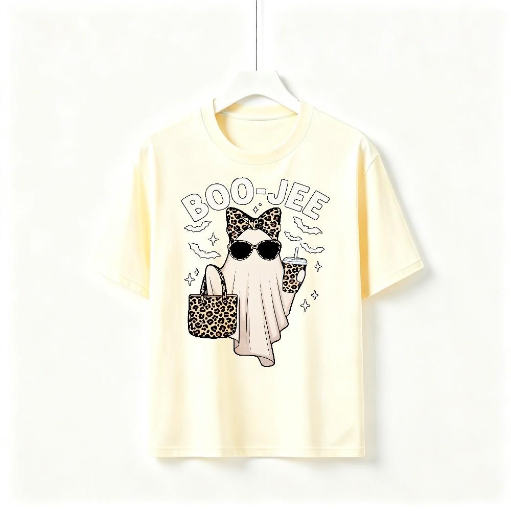 Boo-Jee Ghost Halloween Graphic T-Shirt Leopard Bow Unisex Party Costume Tee