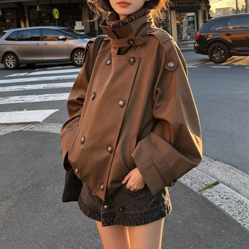 Womens Casual Double-Breasted Stand Collar Trench Coat 2026 Fashion Outerwear