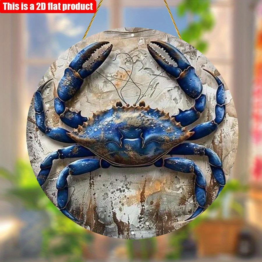 2D Flach 20*20cm1Stk Muster Blaue Krabbe hohe Qualität Runder Anhänger, Meeresleben Holzkunst Dekorative Platte, Restaurant&Badezimmer&Bauernhaus Wandplakette