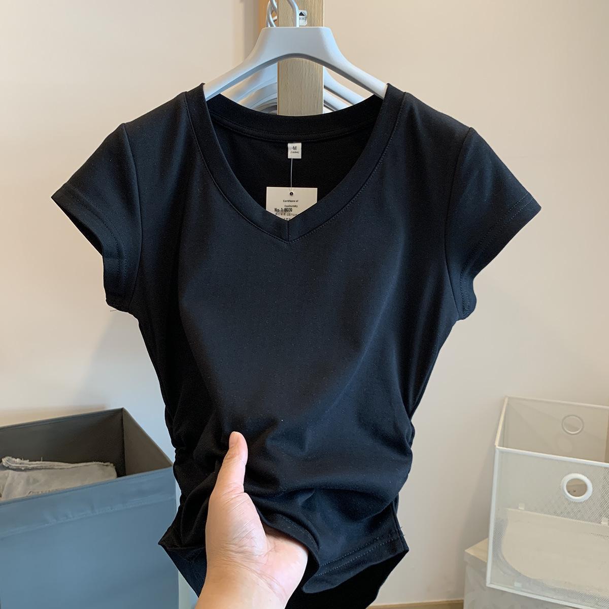 

Женская летняя футболка с V-образным вырезом и присборенной талией - Короткий рукав, Свободный крой, Арочный подол, Однотонная Large чёрный