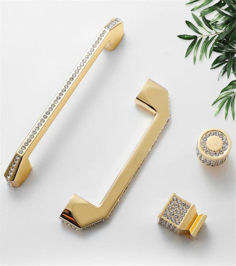 European Luxury Diamond Crystal Handle Bright Gold Zinc Alloy Kitchen Cabinet Knob and Handles Drawer Knobs Hardware