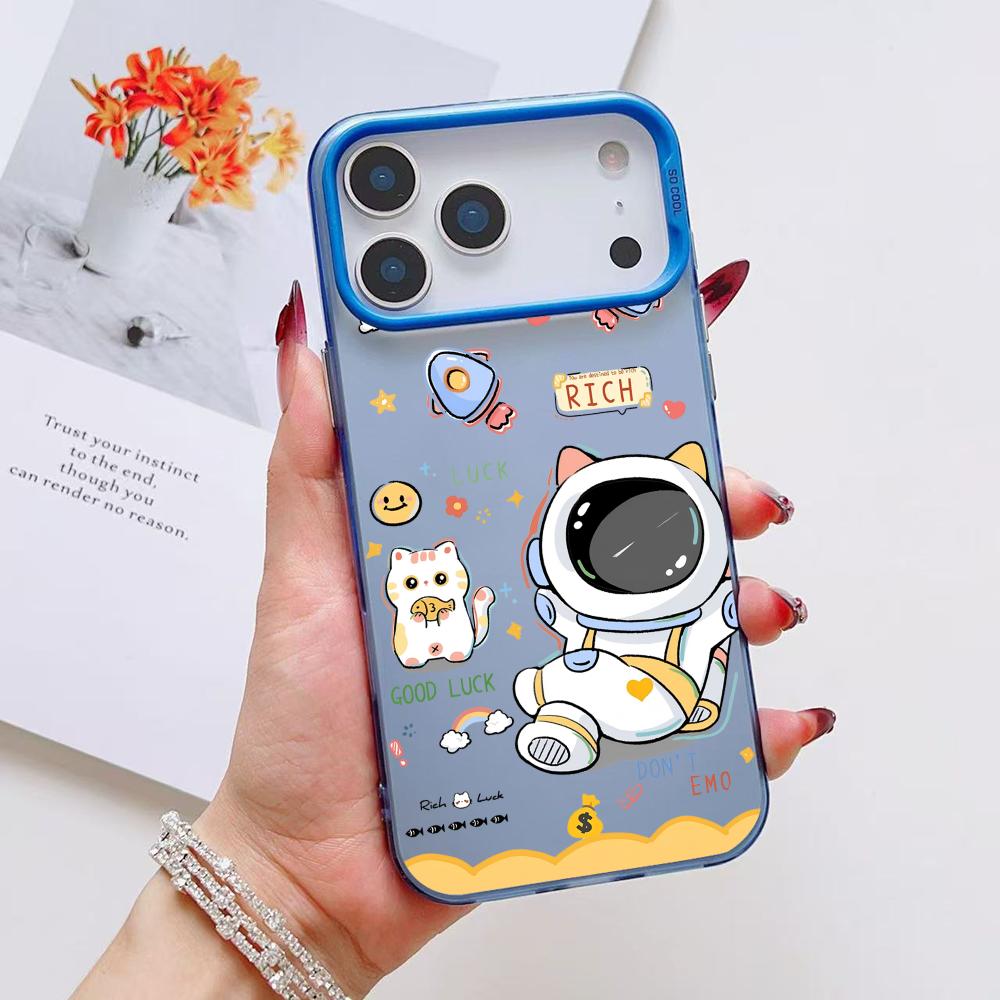 Cute Cartoon Astronaut Phone Case For iPhone 17 16 15 14 13 12 11 Pro Max Air Matte Laser Aurora Shockproof Funda