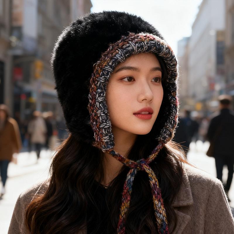 

Plush ear protection bag head hat women s wool knitted hat mixed color drawstring warm casual cold hat M（56-58cm）