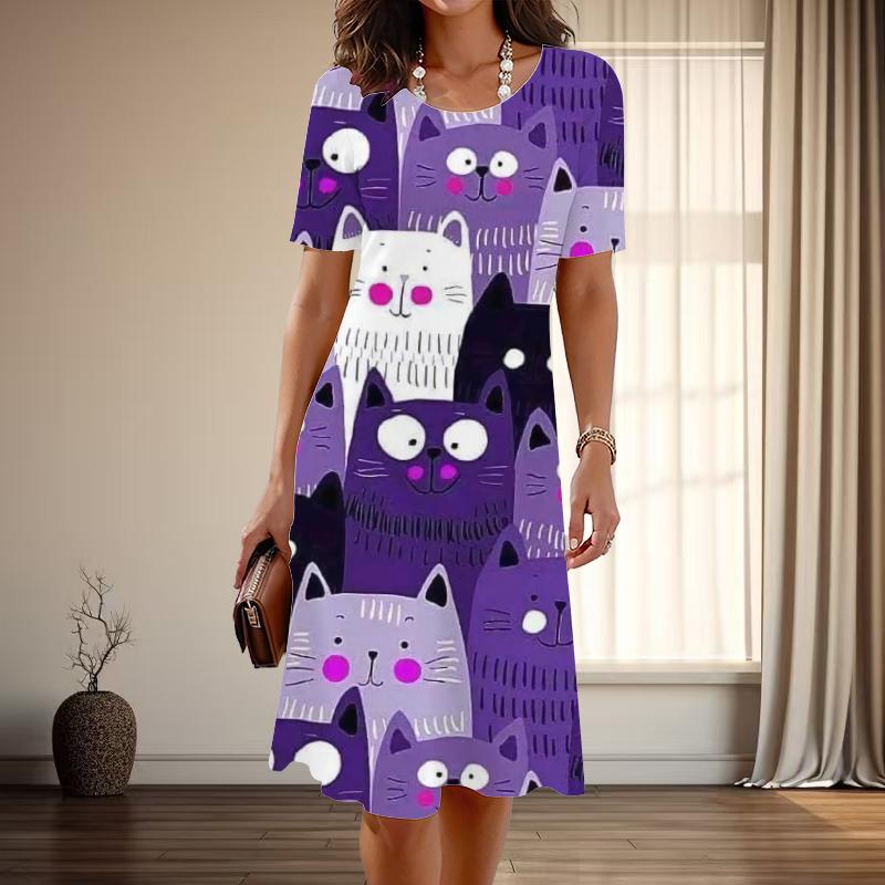 

Женская мода изящный принт котенка лето весна короткий рукав О-образный вырез повседневные платья 8XL фиолетовый