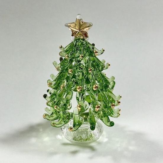 Decorative Glass Sculpture Glazed Christmas Tree Ornament with Star Topper, Colorful Party Table Decor Art, Faux Crystal Tabletop for Home Office Gift