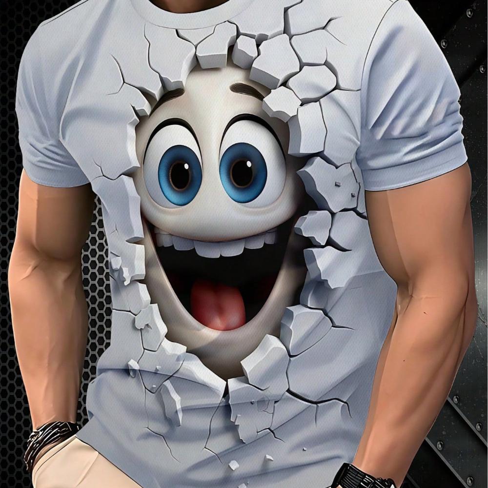 Unique Broken Wall Cute Expression 3D Print Round Neck Short Sleeve White T-Shirt, 100% Polyester women men comfortable for summer