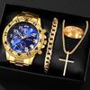 Men's Large Dial Blu-ray Glass Watch, High-end Men's Business Watch + Jewelry 4-piece Set