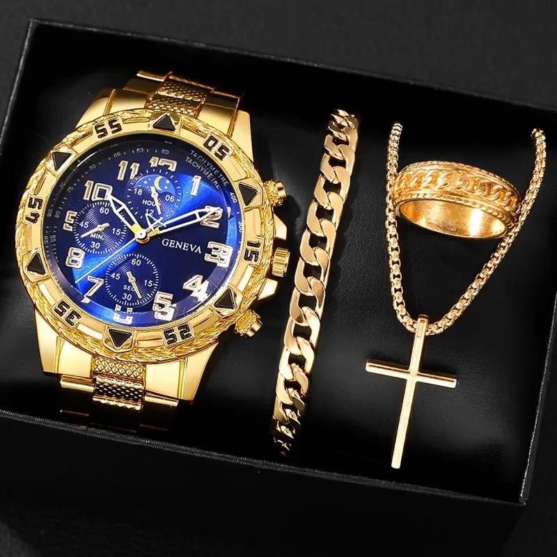Men's Large Dial Blu-ray Glass Watch, High-end Men's Business Watch + Jewelry 4-piece Set