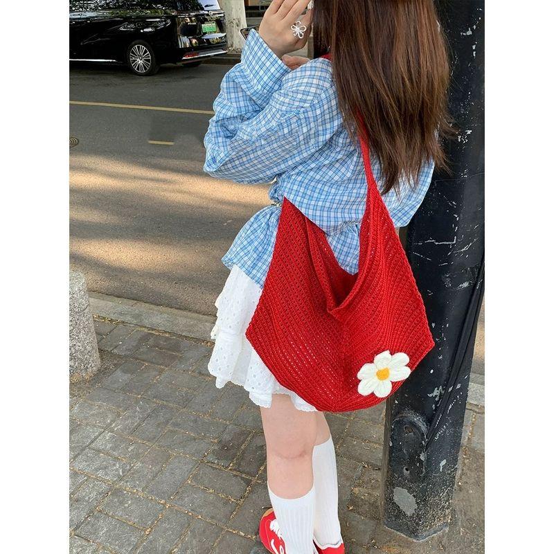 

Large Capacity Woven Bag Summer Niche Design Sense Red Hollow out Straw Bag Seaside Travel Shoulder Tote Bag Red