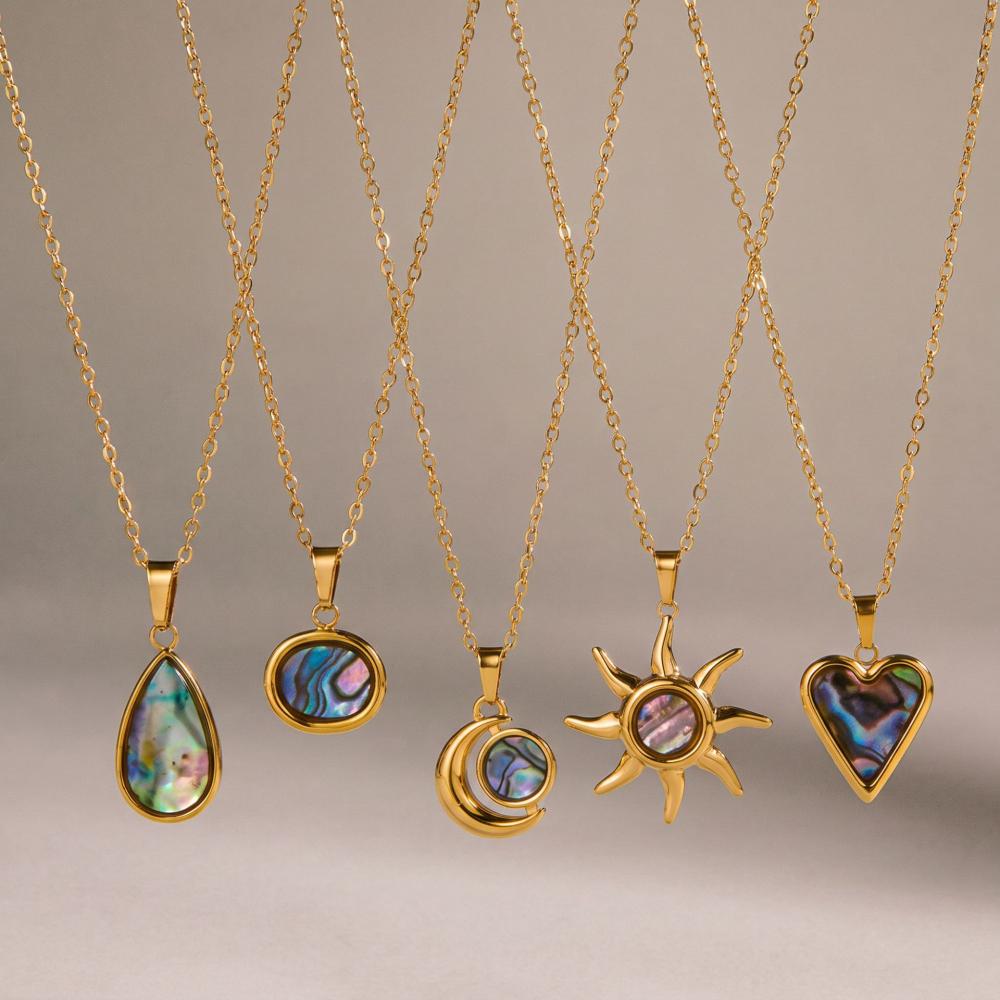Stainless Steel Abalone Shell Necklace Women Heart Sun Water Drop Pendant Necklace Ins Fade Resistant Elegant Banquet Jewelry
