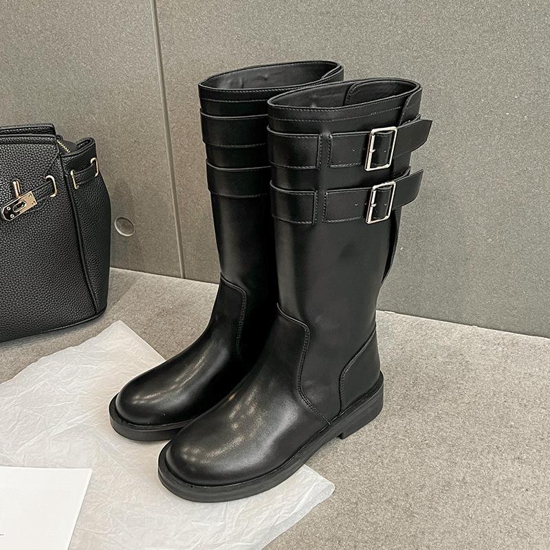 Cowhide version~ Genuine leather retro locomotive boots knight boots women's thick heels but knee long boots medium tube thin Martin boots