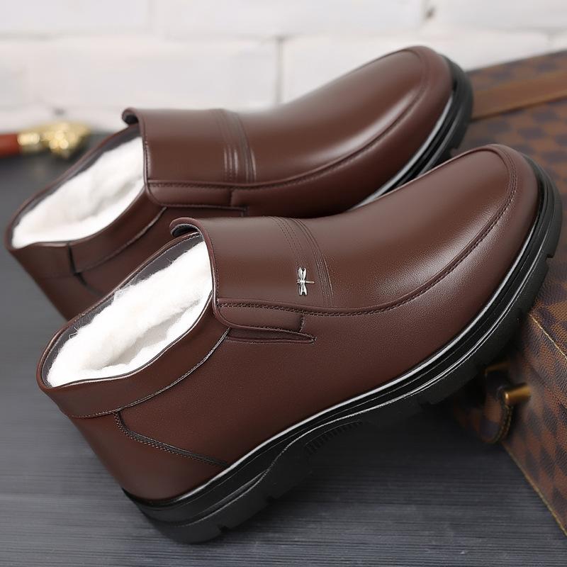 Cotton Shoes Men's Genuine Leather Winter Warm Velvet Beef Tendon Soles Middle-aged and Elderly Father Winter Wool Non-slip Men's Cotton Leather Shoes