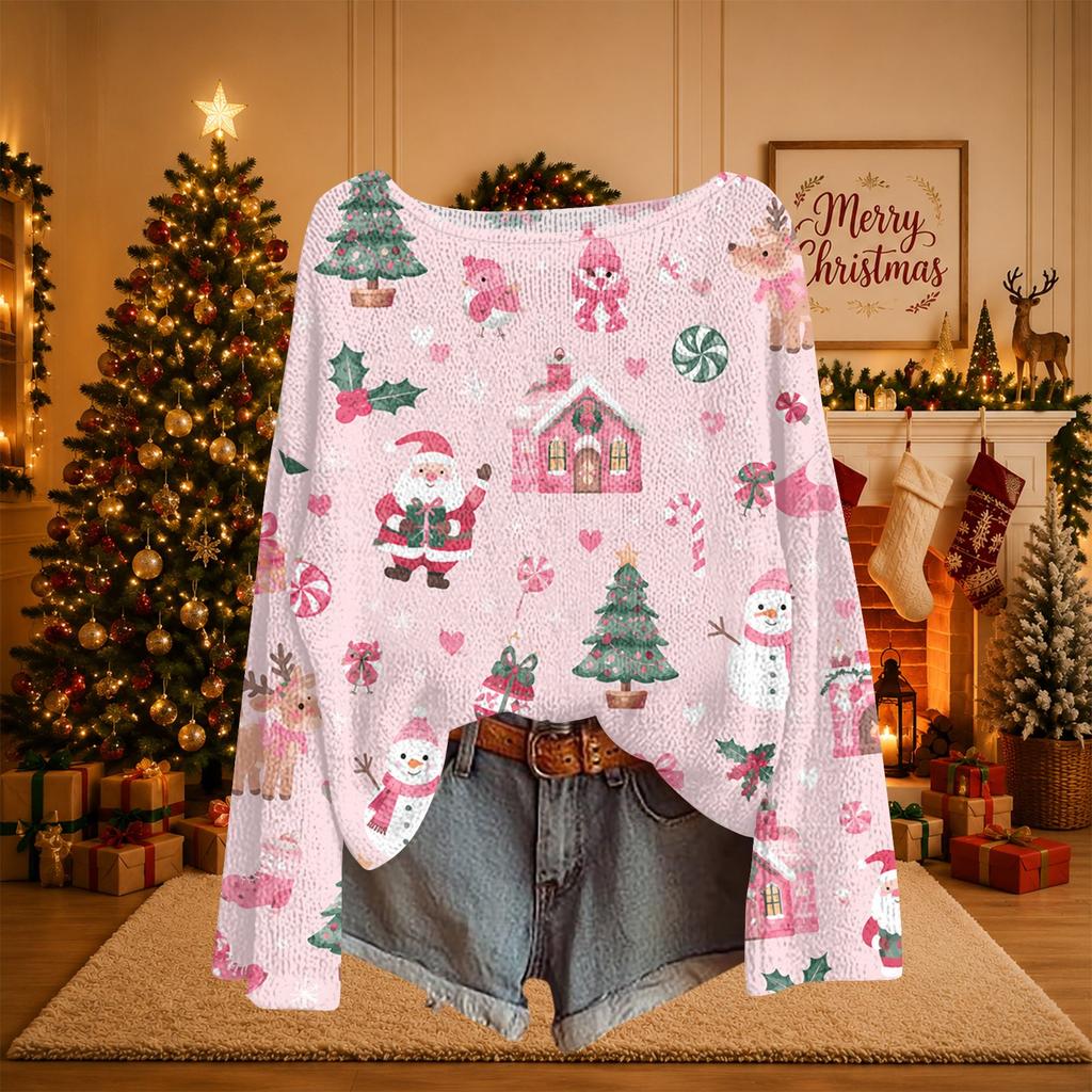 Damen Weihnachtsdruck Leichter Strickpullover Langarm Lässiger Pullover Top