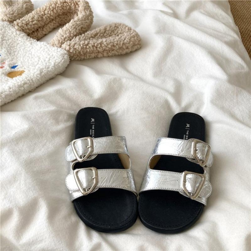 

Женские летние новые туфли для пляжа с плоской подошвой и круглым носком, модные студенческие шлепанцы с юбкой 40 серебряный