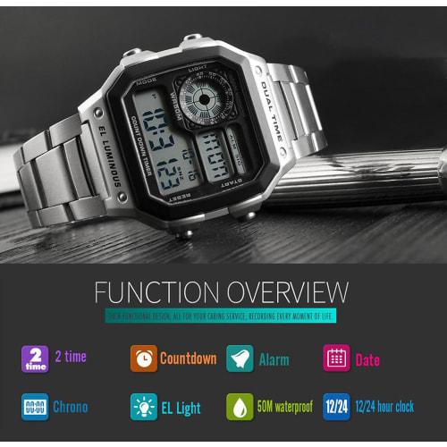 USWATCH Fashion Sports Stainless Steel LED Digital Alarm Chronograph Waterproof Multifunction Men's Quartz Watch, Silver, Chronograph, Digital, Quartz