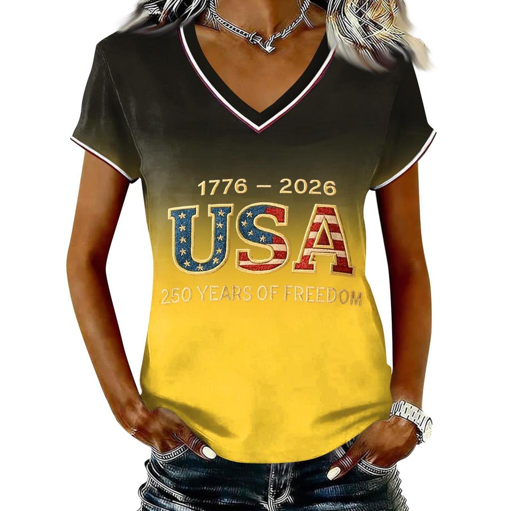 Women Casual V Neck Short Sleeve Pullover T Shirt Gradient Print USA Independence Day Graphic Top