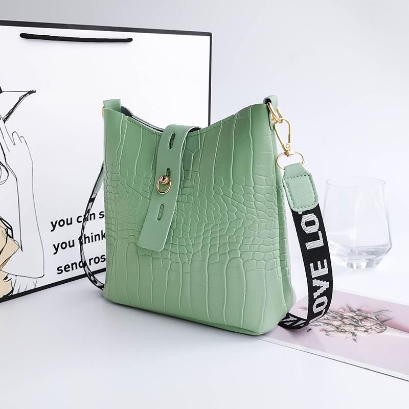 Crocodile pattern bucket shoulder crossbody women's bag versatile trend stone pattern buckle niche bag