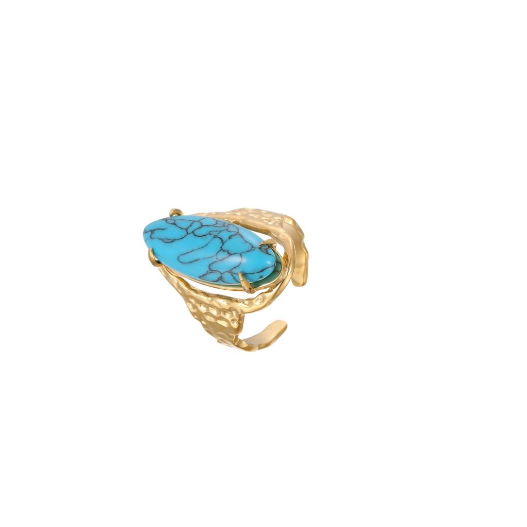 European and American retro natural stone turquoise stainless steel ring does not fade, plated with real gold ins trendy hand jewelry