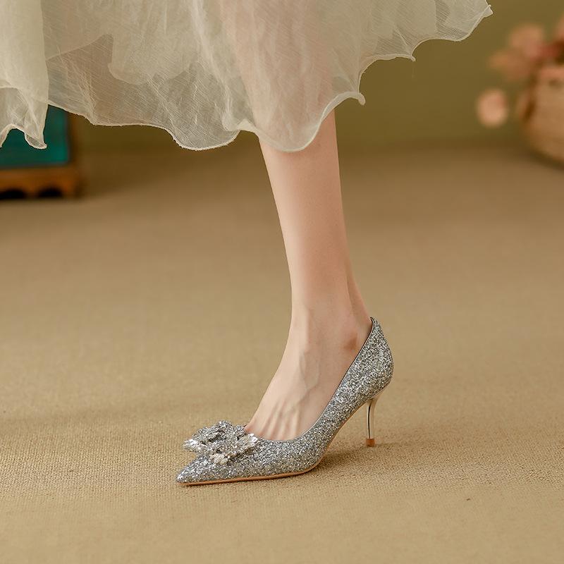 Leather Xiuhe Dress Wedding Shoes Women's 2025 Red Sequins High-end Stiletto Chinese Bridal High Heels Are Not Tired