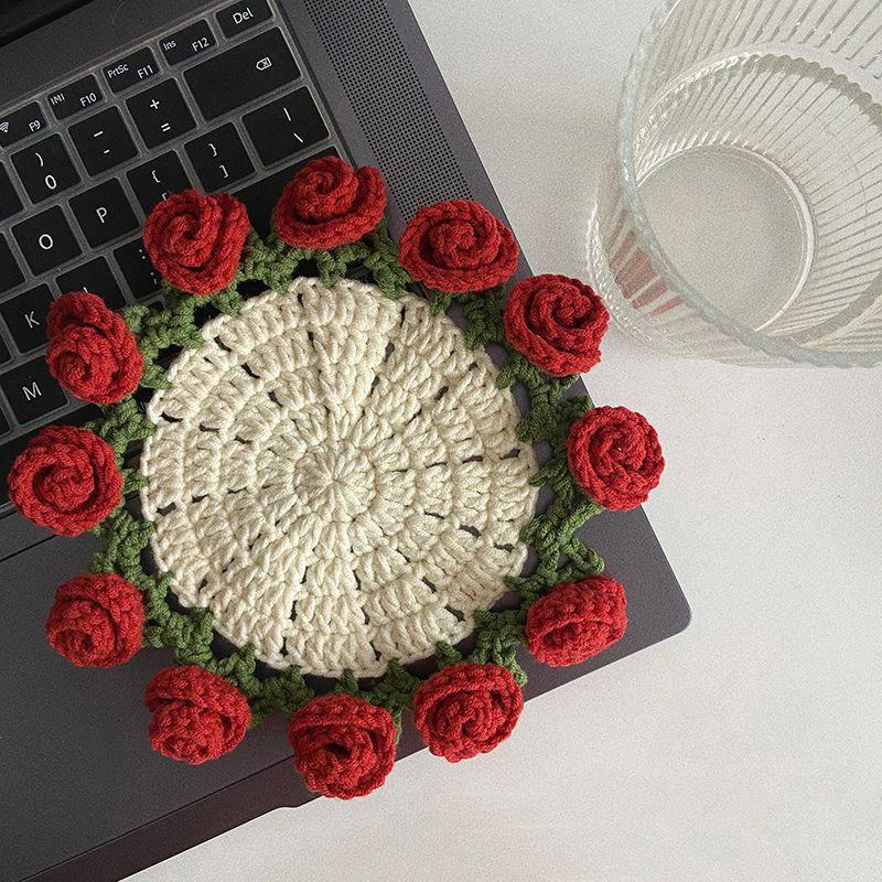 Crochet Coaster Rose Flower Coaster Crochet Flower Placemat Rose Bouquet Cup Pad Coffee Mug Cup Mat Mother's Day Gift