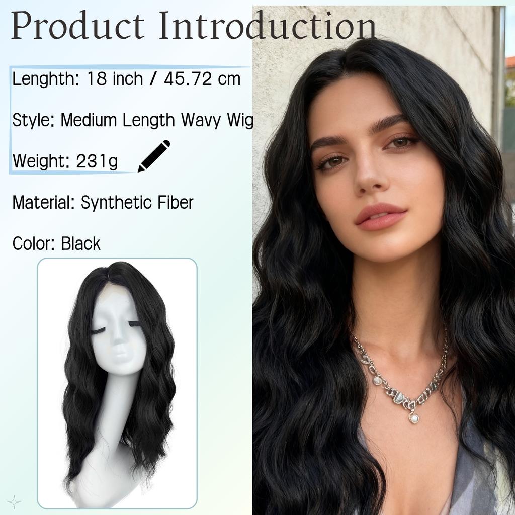European American Fashion New Wig Black Forehead Lace Mid Split Wool Roll Long Curled Hair