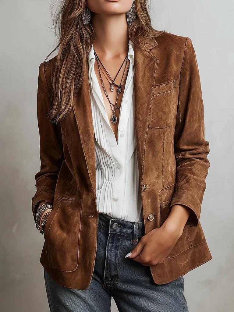 Elegant Brown Suede Plush Women's Jacket with Pockets and Buttons - 2026 Autumn Collection