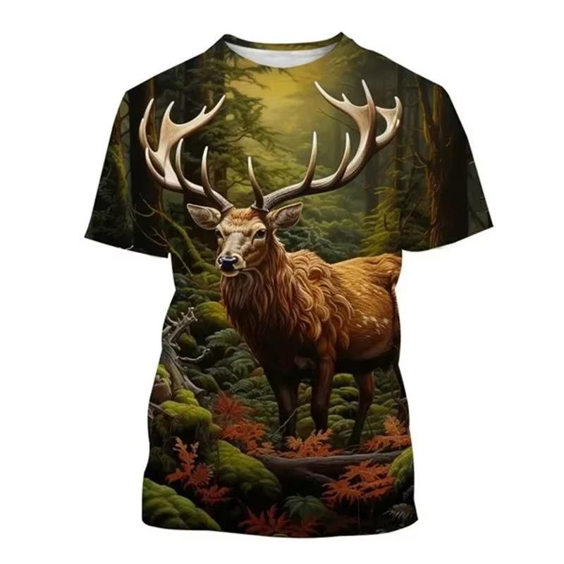 Hirsch 3D-Druck T-Shirt Lustige Tierjagd Grafik Kurzarm Rundhals T-Shirt Herren Outdoor Trend Persönlichkeit Tees