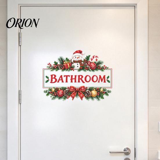 Festive Wall Art Christmas Bathroom Door Sticker, Waterproof PVC Decal with Wreath and Snowman Design Holiday Decor for Home Decor, Removable
