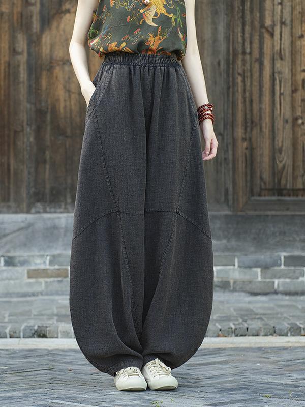 Women's Loose Casual Ramie Lantern Pants - Sand-Washed Distressed Cotton Linen Zen Tai Chi Pants