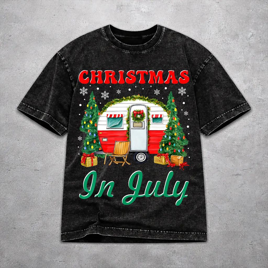 Novelty Men Women Christmas In July Vacation Tee Shirt Oversize Washed T Shirts Outfits