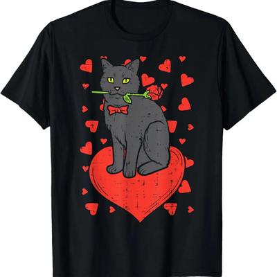Black Cat Tie Red Rose Heart Cute Valentines Day Pet Women T-Shirt