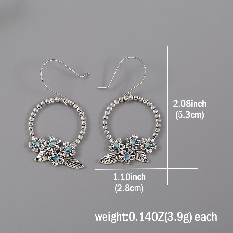 Hollow Circle Design With Flower Decor Synthetic Gems Inlaid Dangle Earrings Retro Bohemian Style Delicate Female Gift