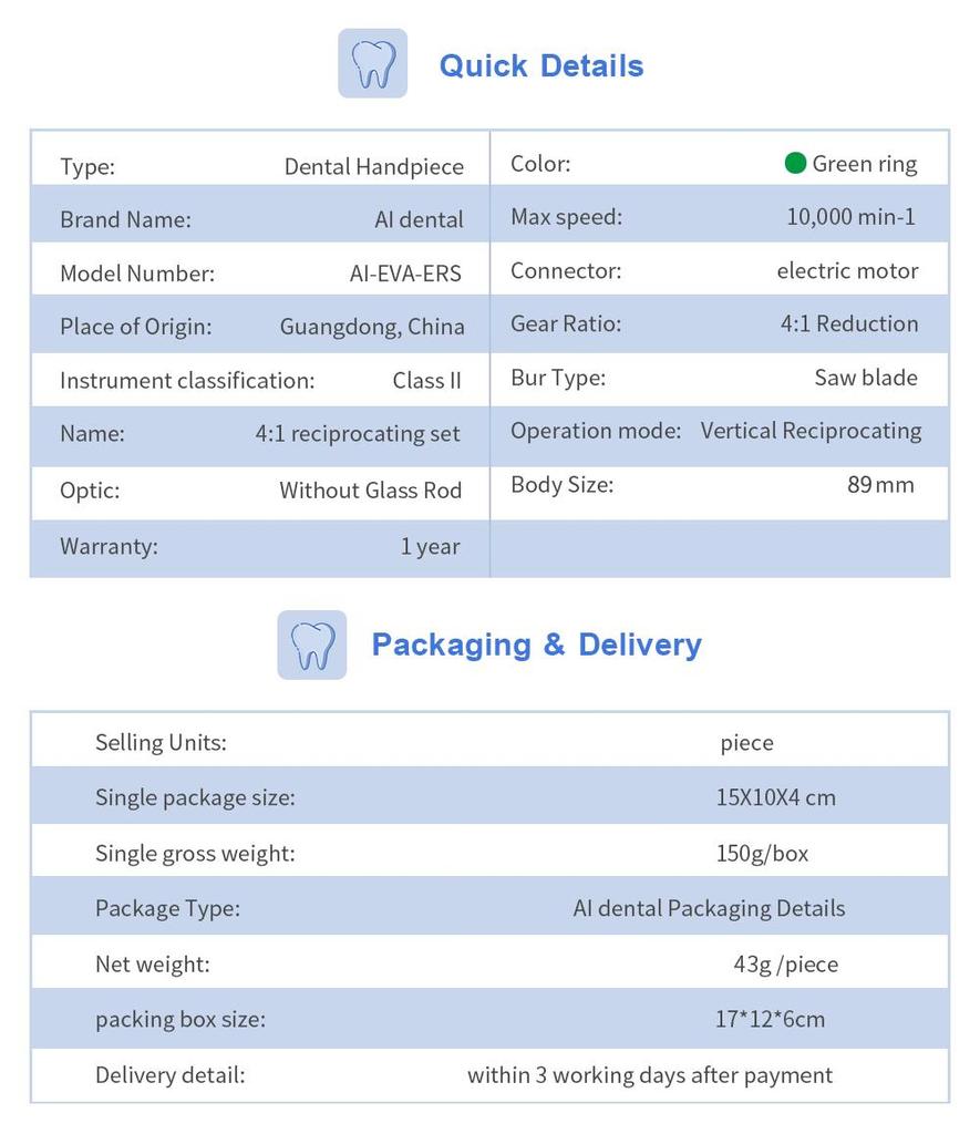 Dental Contra Angle Handpiece Set AI-EVA-ERS 4:1 Reduction Vertical Reciprocating Orthodontic Treatment Tools